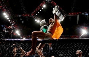 Conor McGregor celebrates his KO victory over Eddie Alvarez in Madison Square Garden on November 12, 2016