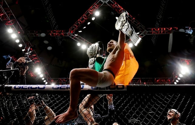 Conor McGregor celebrates his KO victory over Eddie Alvarez in Madison Square Garden on November 12, 2016