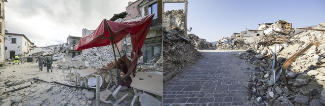 Part of Amatrice seen after the 2016 earthquake (L) and the same area in a picture taken on 3 August 2017