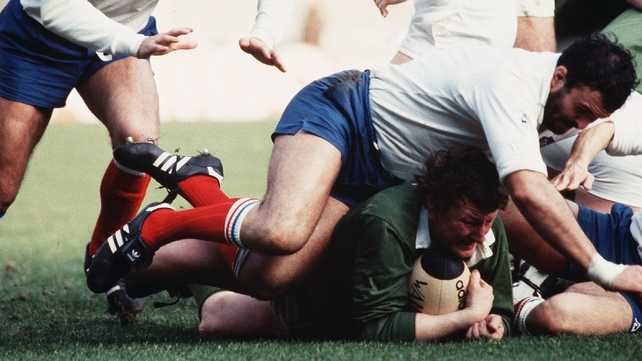 Duggan, pictured here against France in 1984, was often found at the heart of the action