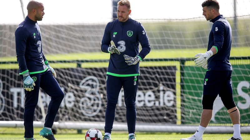 Goalkeepers Darren Randolph (L), Rob Elliot (C) and Keiren Westwood at Ireland training this week