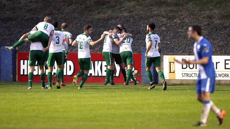 Cork City players celebrating after the only goal against Finn Harps