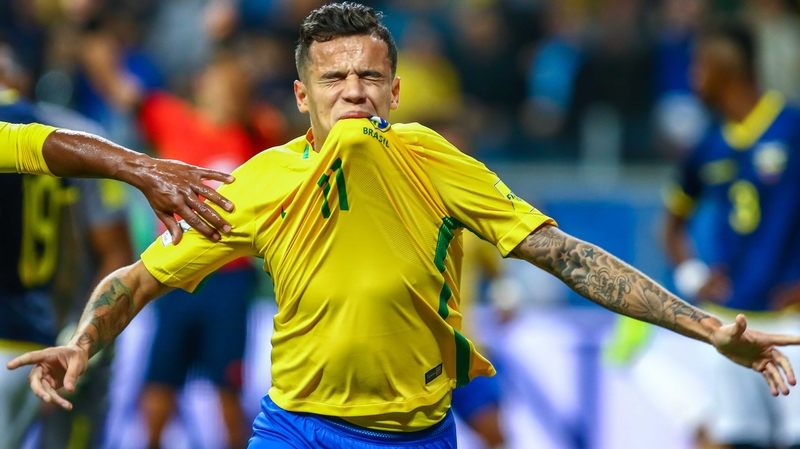 Philippe Coutinho celebrates his goal for Brazil in Thursday night's World Cup qualifier against Ecuador