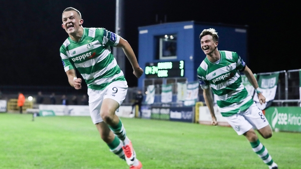 Michael O'Connor celebrating after scoring Shamrock Rovers' third goal