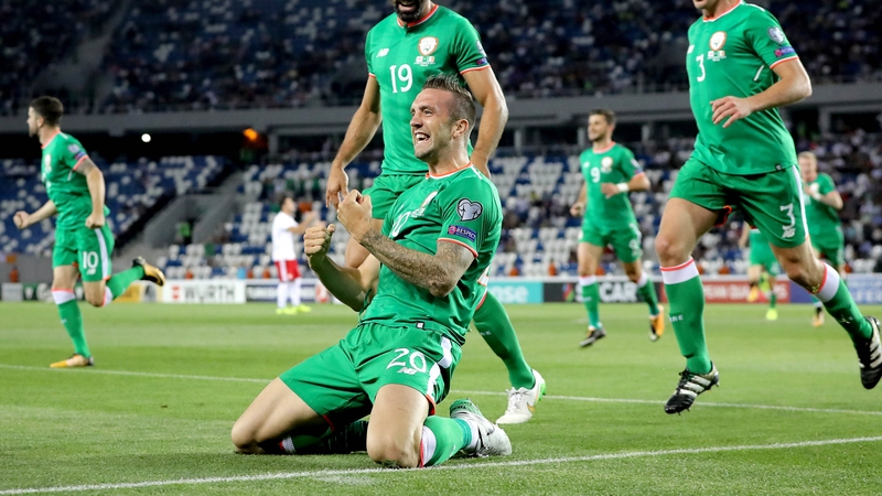 Shane Duffy celebrates scoring against Georgia