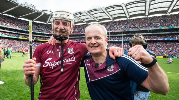 Joe Canning (l) and Micheál Donoghue celebrate on the Croke Park turf