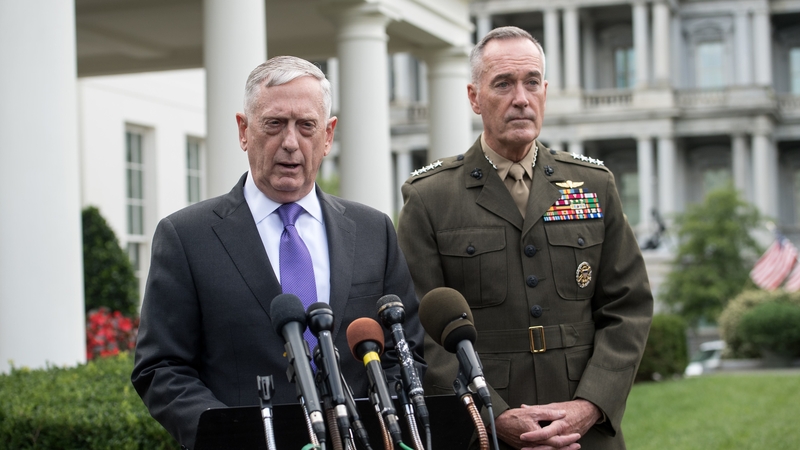 US Defense Secretary James Mattis and General Joseph Dunford, chairman of the Joint Chiefs of Staff, speak to the press at the White House
