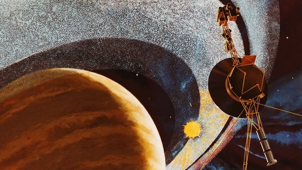 An artist's impression of Voyager 1 passing behind the rings of Saturn