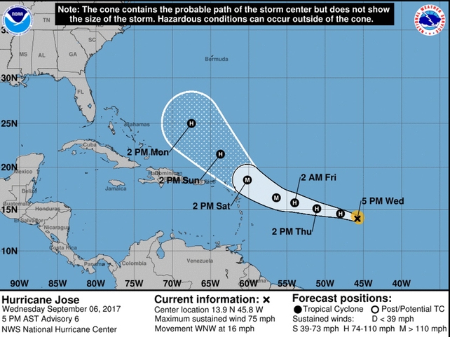 A handout image made available by The National Oceanic and Atmospheric Administration (NOAA) showing the predicted path of Hurricane Jose