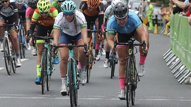 Alice Barnes (in white) recovered from a crash to take the second stage of the An Post Rás na mBan