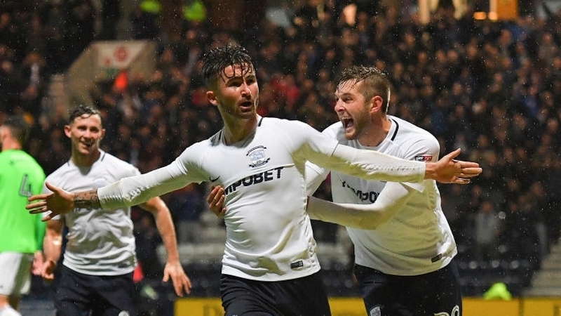 Sean Maguire celebrates his goal for Preston