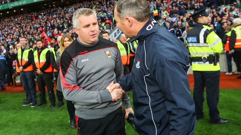 Mayo manager Stephen Rochford and manager Jim Gavin of Dublin after last year's final