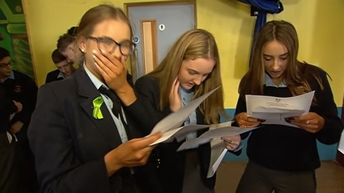 Students in Carndonagh, Co Donegal react to their Junior Cert results