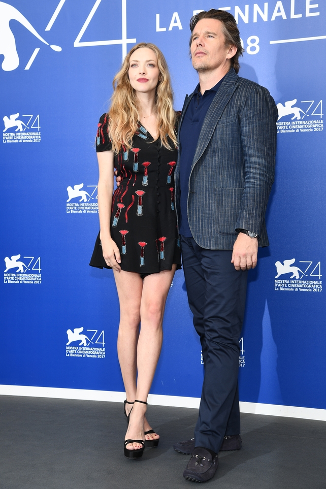 Amanda Seyfried and Ethan Hawke attend the 'First Reformed' photocall. We love love love Amanda's Valentino playsuit.