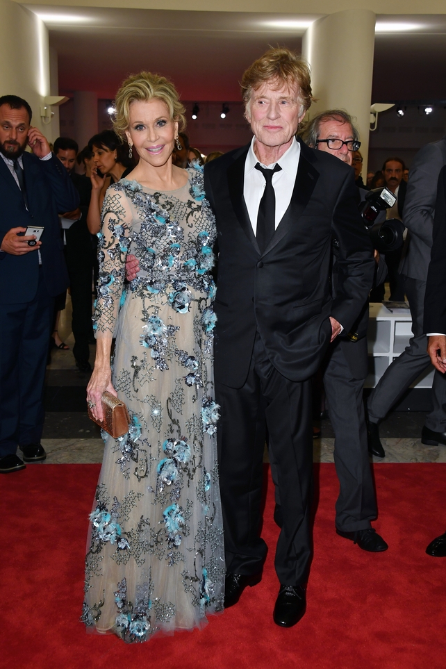 Jane Fona killed it in this embellished gown while walking the red carpet with Robert Redford.