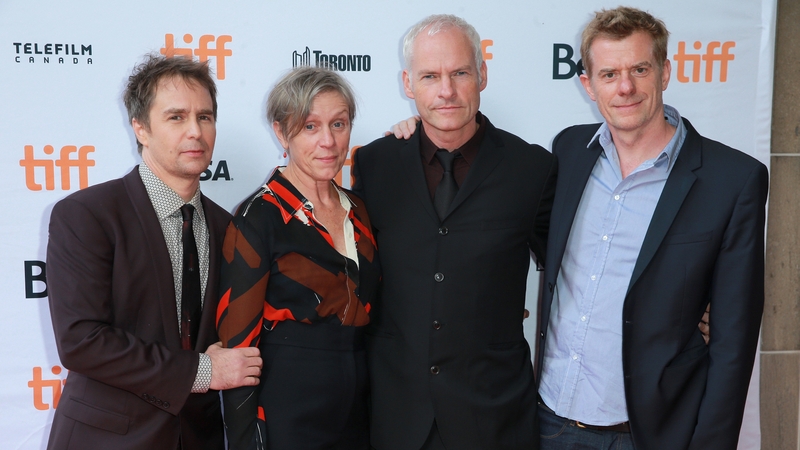 (L-R) Three Billboards Outside Ebbing, Missouri stars Sam Rockwell and Frances McDormand at the Toronto International Film Festival with writer-director Martin McDonagh and producer Graham Broadbent