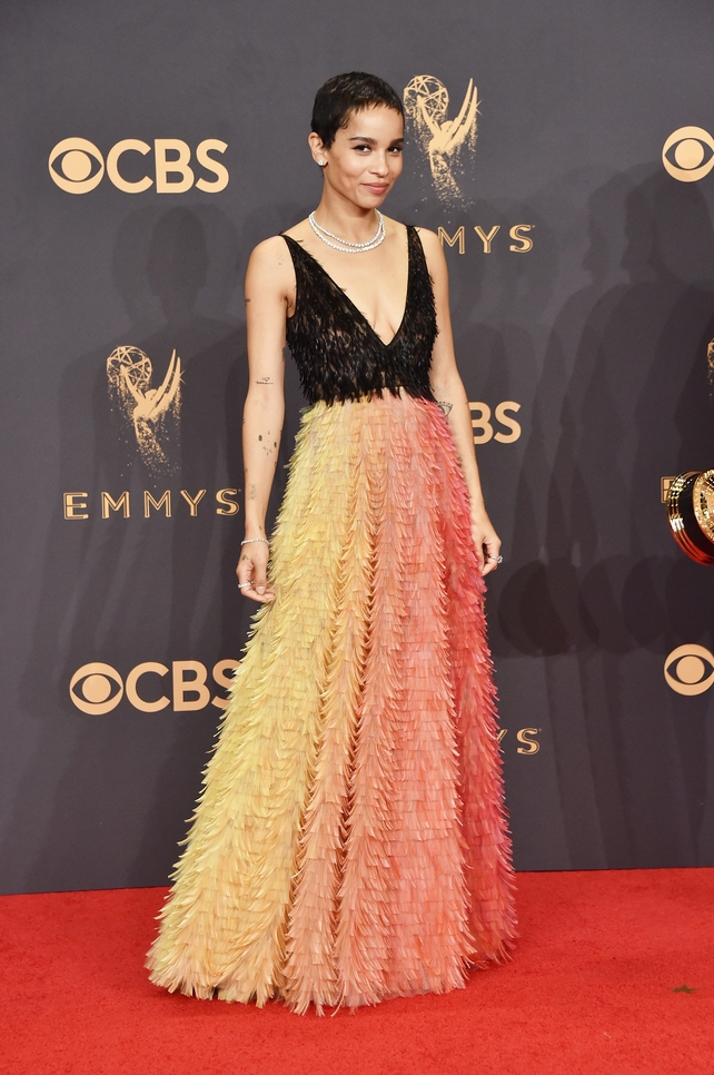 Zoe Kravitz wore a gorgeous multi-coloured Dior gown with black bodice and Tiffany jewllery