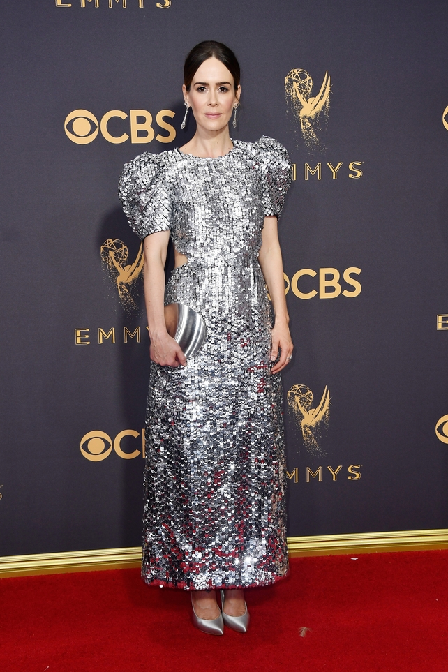 Hit: The only thing missing from American Horror Story's Sarah Paulson outfit - Carolina Herrera dress and Lee Savage bag - is a smile.
