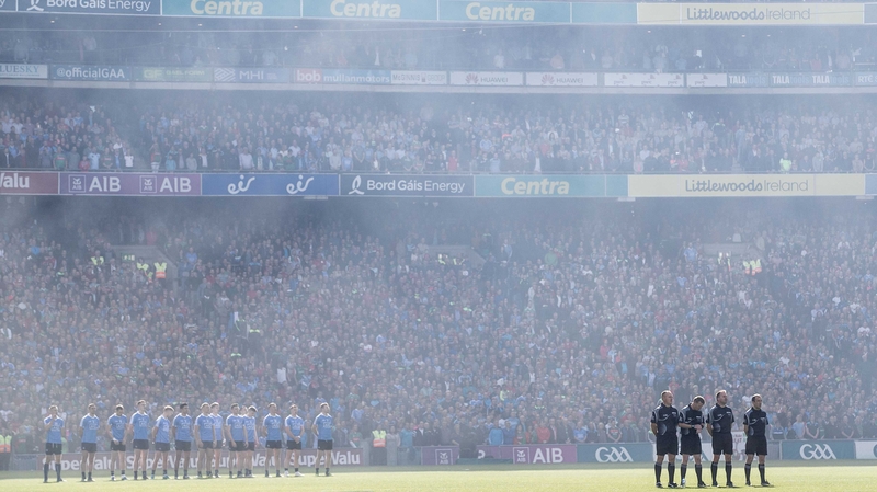 Dublin stand on a sun-soaked Croke Park pitch before their All-Ireland final against Mayo