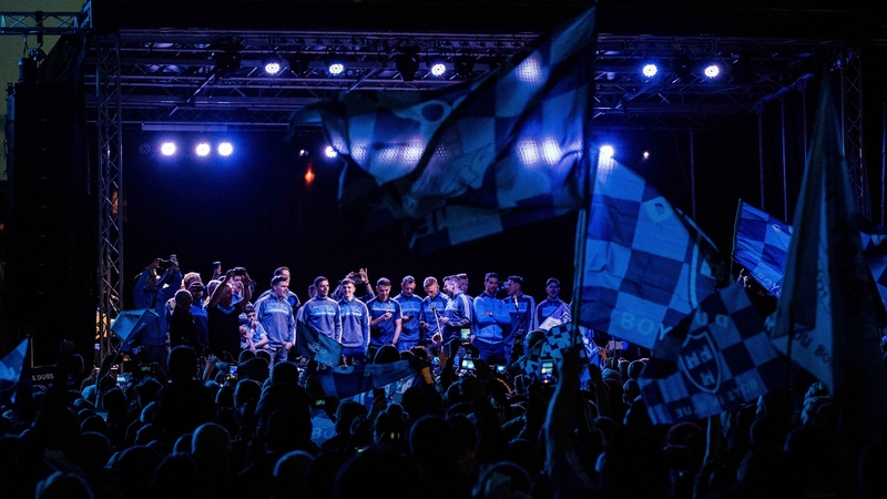The Dublin team address fans at the homecoming in Smithfield