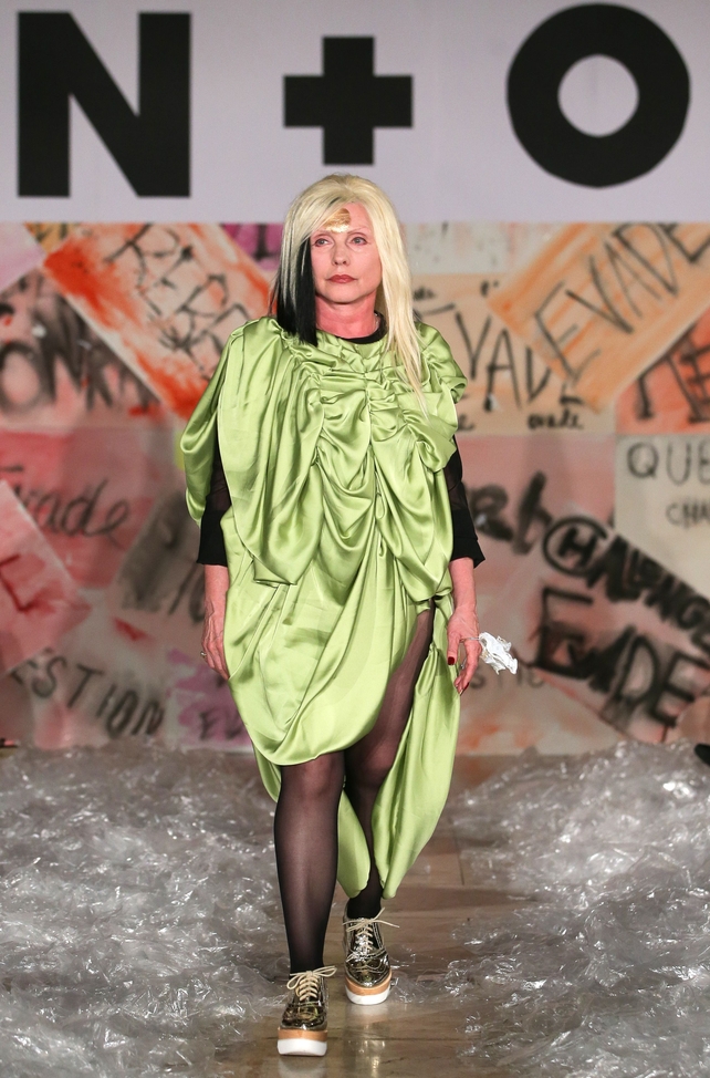 Debbie Harry aka Blondie walks the VIN + OMI catwalk during their Spring/Summer 2018 collection highlighting the issue of plastic waste.