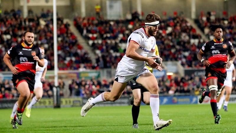 Ulster's Stuart McCloskey scores against the Dragons