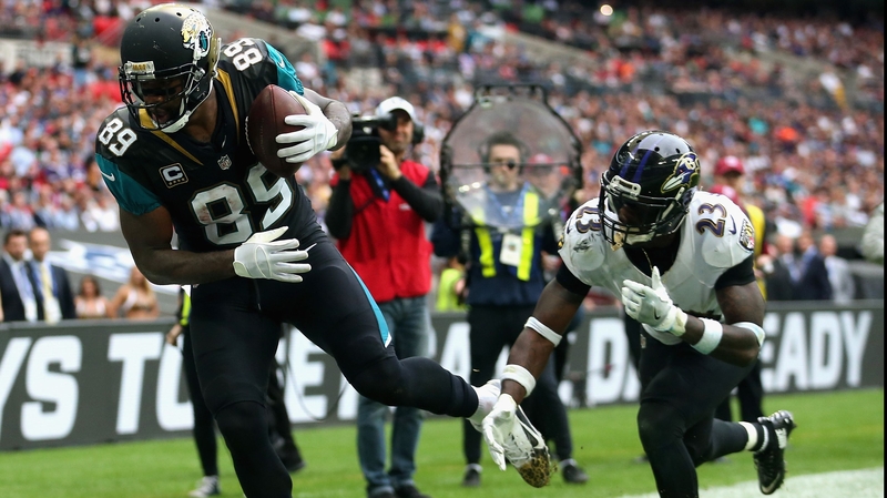 Marcedes Lewis of the Jacksonville Jaguars scores a touchdown
