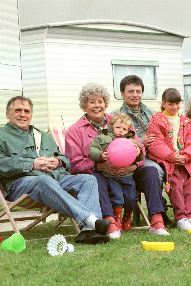 Bill Tarmey (who played Vera's on-screen husband, Jack), Daryl Edwards, Sean Wilson and Helen Worth filming for Corrie in 1995.