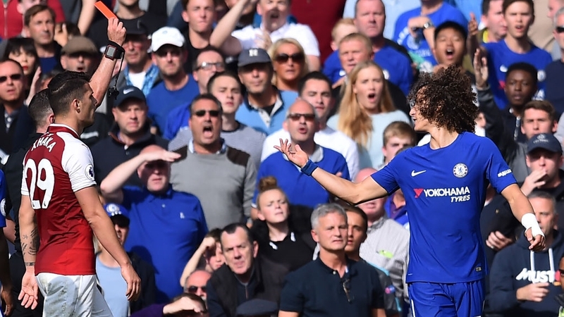 David Luiz (R)was sent off in his last appearance for Chelsea