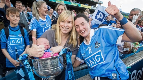 Sorcha Furlong and her daughter Caitríona Kelly with Dublin forward Lyndsey Davey after the 2017 All-Ireland ladies football final.