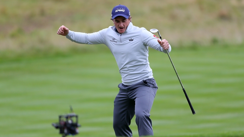 Paul Dunne after chipping in on the 18th hole in the British Masters