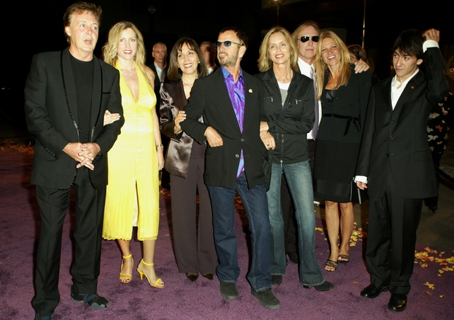 Paul McCartney, Heather Mills McCartney, Olivia Harrison, Ringo Starr, Barbara Bach, Tom Petty, Dana York and Harrison's son Dhani arriving for the 'Concert for George' screening in 2003. #SquadGoals