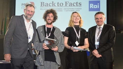 Celebrating the Documentary On One Prix Italia victory: (l-r) Tim Desmond (RTÉ Radio 1 Producer) Jason Murphy (Freelance Producer), Ann Marie Power (Editor, RTÉ Radio 1), Noel Curran (Director General of E.B.U)