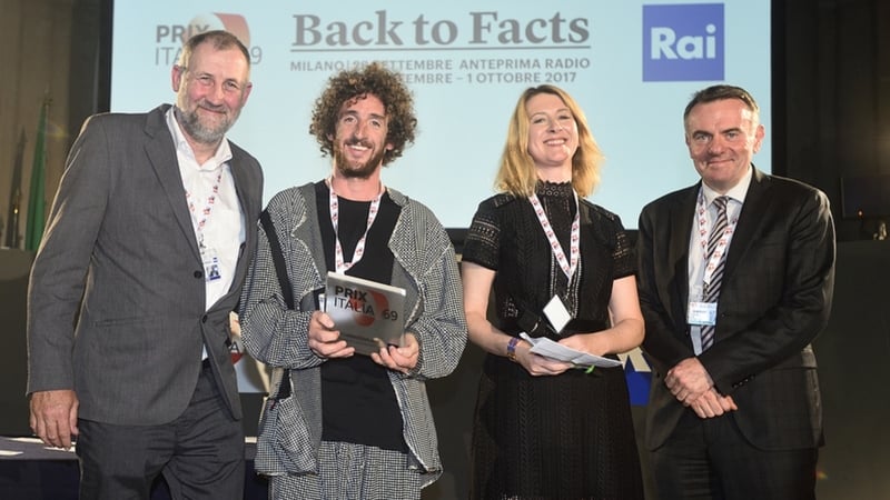 Celebrating the Documentary On One Prix Italia victory: (l-r) Tim Desmond (RTÉ Radio 1 Producer) Jason Murphy (Freelance Producer), Ann Marie Power (Editor, RTÉ Radio 1), Noel Curran (Director General of E.B.U)