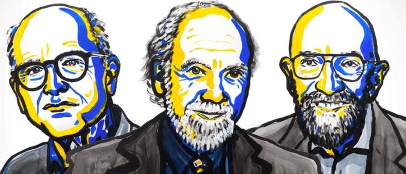 At least one of the above trio is "scientifically sociable". Illustration: N. Elmehed/NobelPrize.org/CC BY-SA