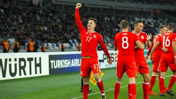 Tom Lawrence celebrates scoring the only goal for Wales in Tbilisi tonight