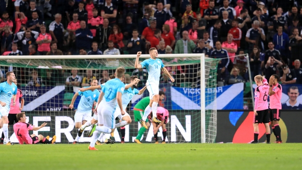 Slovenia's Roman Bezjak celebrating his second goal against Scotland