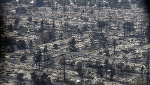 An aerial view of homes that were destroyed by the fire in Santa Rosa