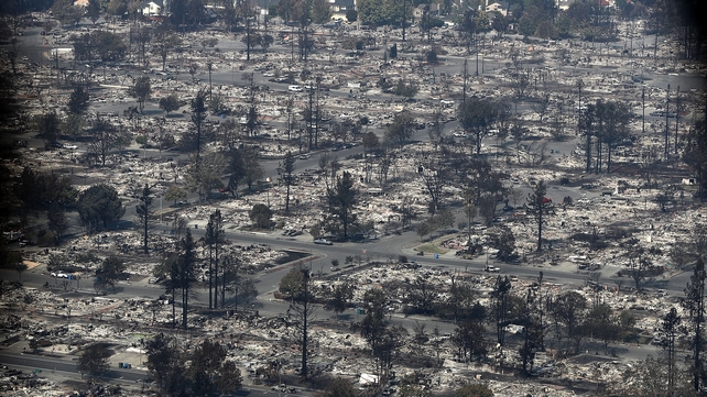 An aerial view of homes that were destroyed by the fire in Santa Rosa