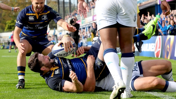 Barry Daly celebrates scoring Leinster's fourth and final try