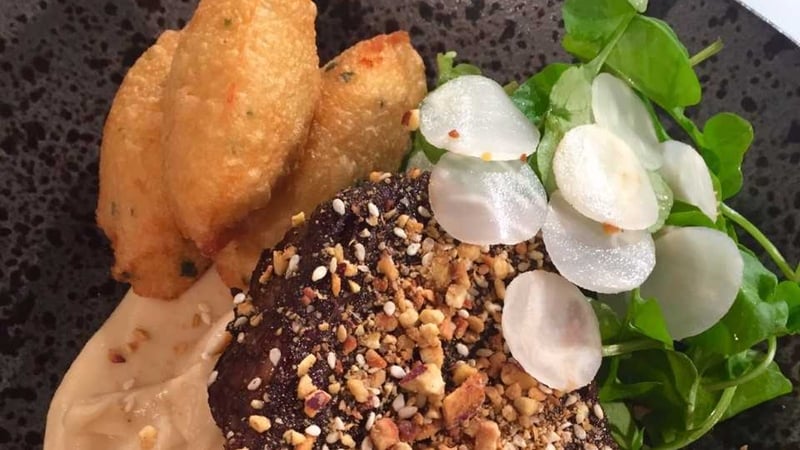 Paul McDonald's Braised House Keeper's Cut with Hazelnut Crust and Sage & Mustard Doughnuts.