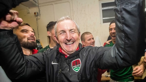 John Caulfield celebrates in the Cork City dressing-room