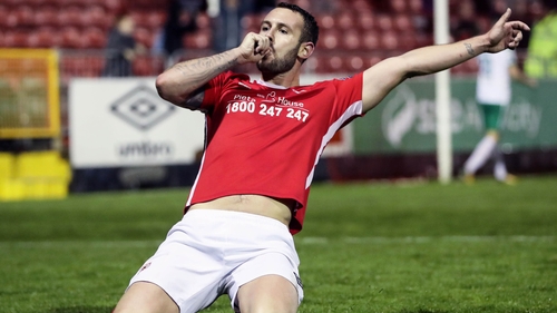 St Pat's Kurtis Byrne celebrates scoring their fourth goal