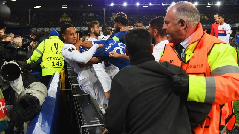 A melee broke out between Everton and Lyon players