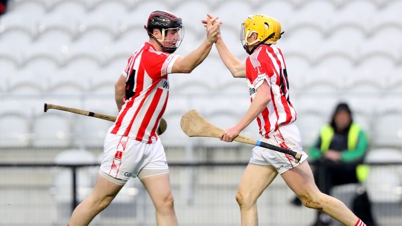 Imokilly's Cian Fleming celebrates with Ian Cahill after his goal