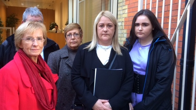 Sandra Cullivan (2nd R) supported by Brigid Doherty, Patient Focus (far left) and family outside Dublin District Coroner's Court