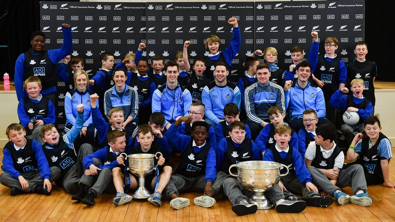 Dublin stars Fiona Hudson, Lyndsey Davey, Rian McBride, Philly McMahon, Paddy Andrews and Eoghan O'Donnell at Holy Spirit BNS in Ballymun today
