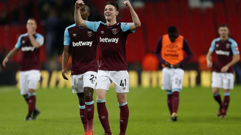 West Ham's Irish defender Declan Rice celebrates after the game
