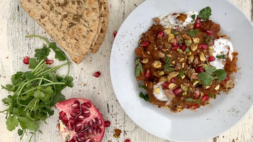 Top this dish with chopped pistachios, coriander and pomegranate jewels