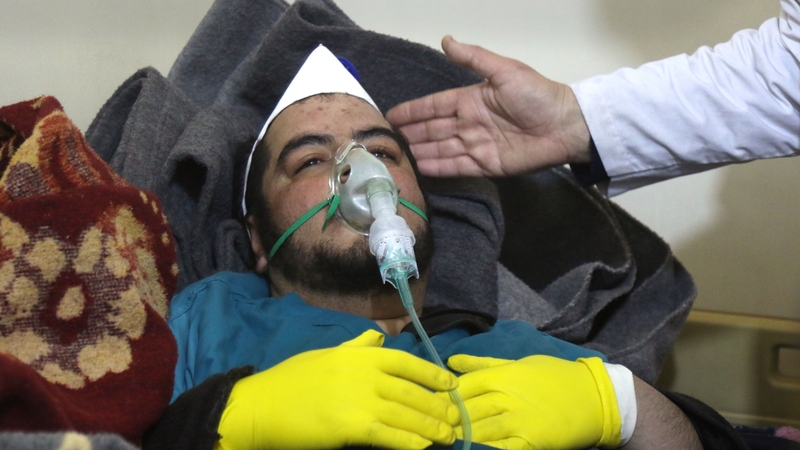 A Syrian man receives treatment at a small hospital in the town of Maaret al-Noman following the suspected toxic gas attack in Khan Sheikhun